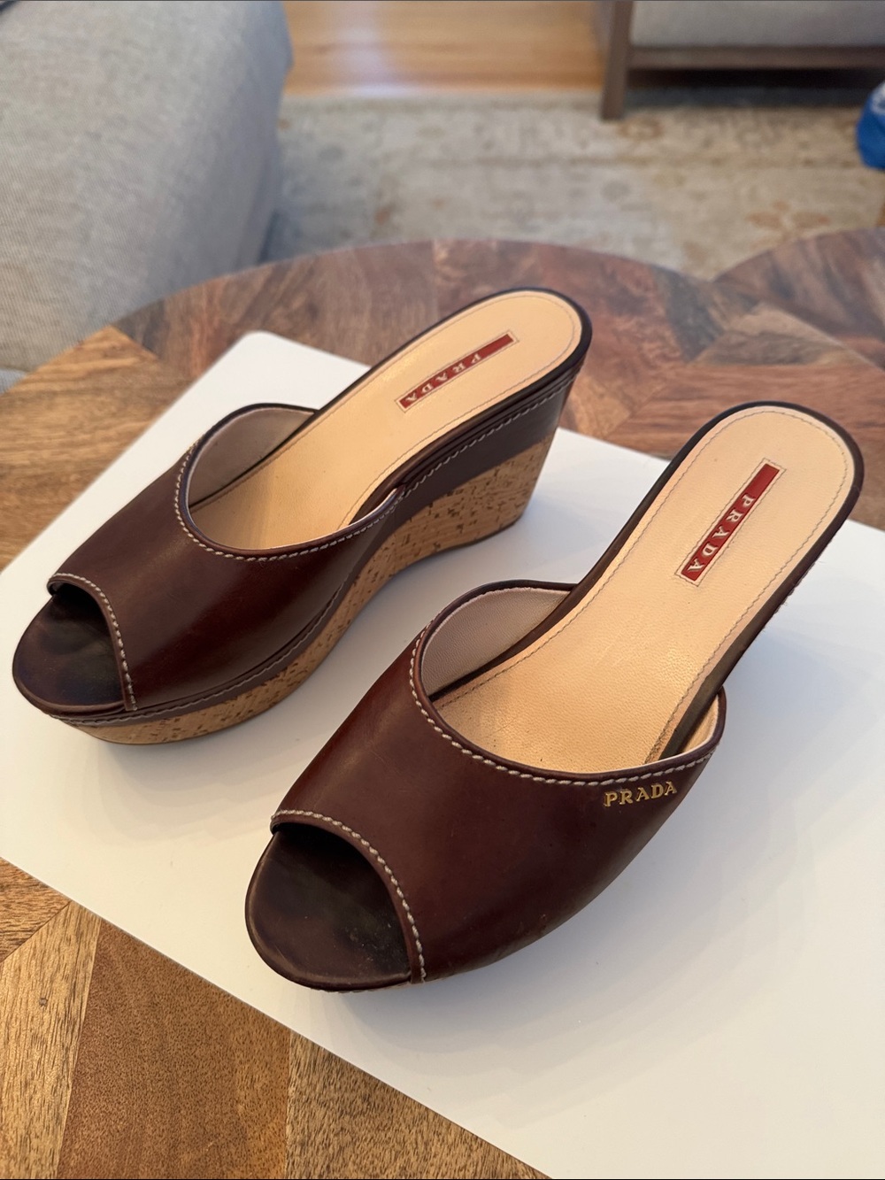 Prada Dark Brown Leather Cork Wedge Mule Slides